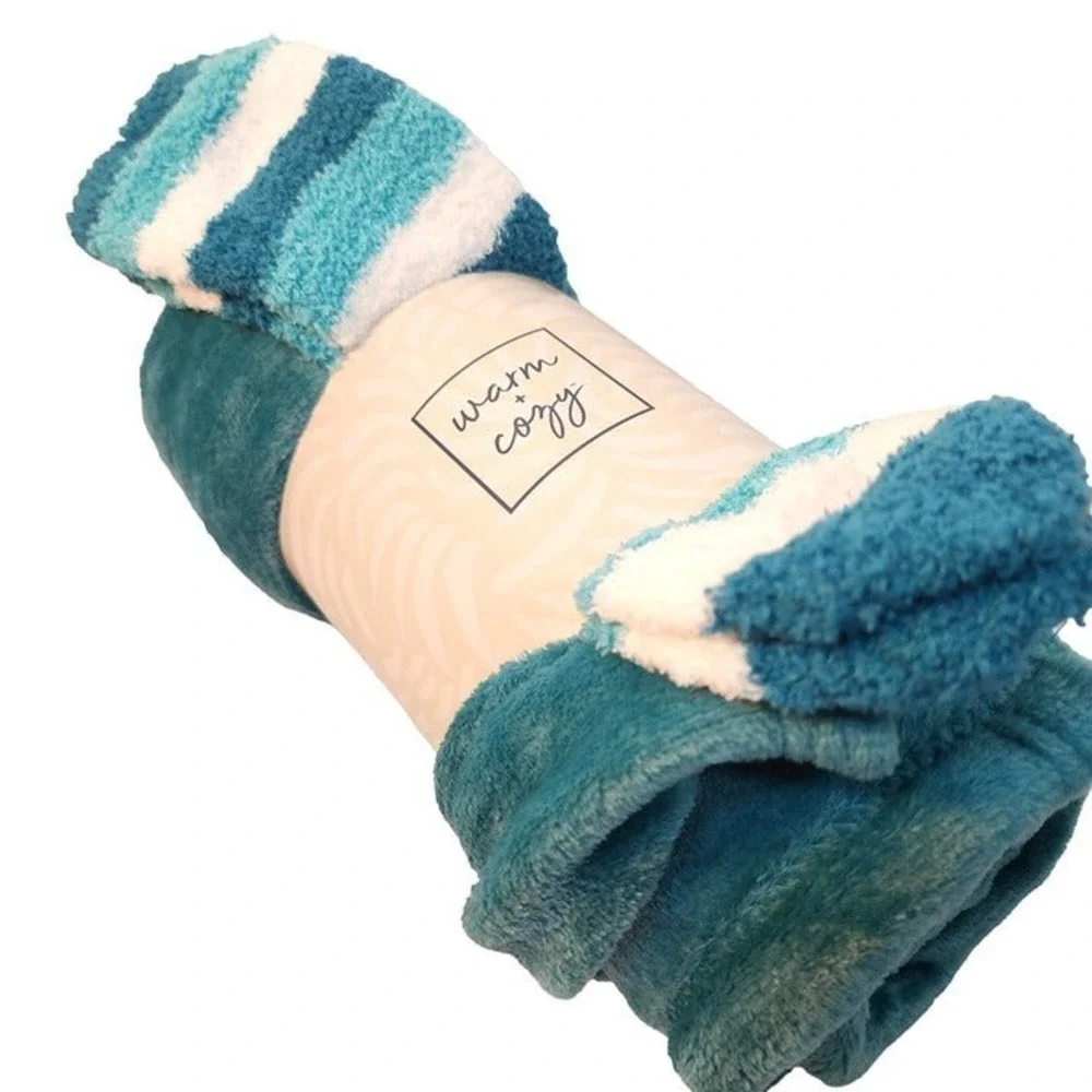 Warm + Cozy Teal Throw Blanket & Striped Socks 2-Piece Gift Set